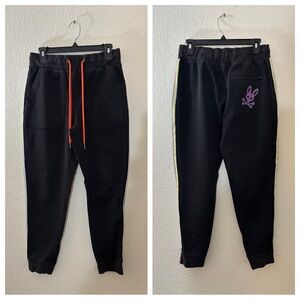 Psycho Bunny Men’s Jogger Sweatpants Black Multicolor Stripe Logo Size Small
